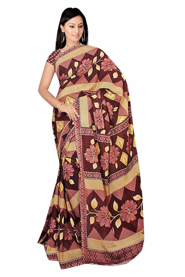 Bollywood Sari Kleid Chiffon Autumn Gelb Bordeaux Fo417