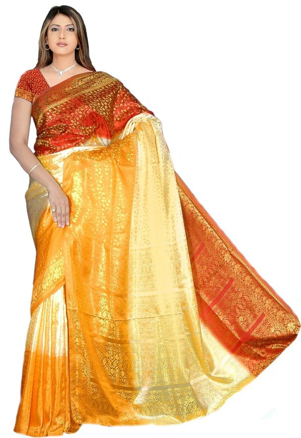 Fertig gewickelter Bollywood Sari Indien Tricolor Orange