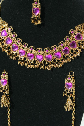 Lila Herz Gold Bollywood Braut Schmuckset Collier Ohrringe Tika zum Sari