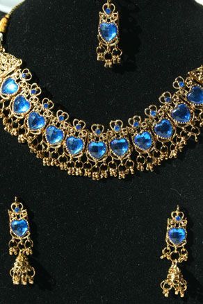 Blau Herz Gold Bollywood Braut Schmuckset Collier Ohrringe Tika zum Sari