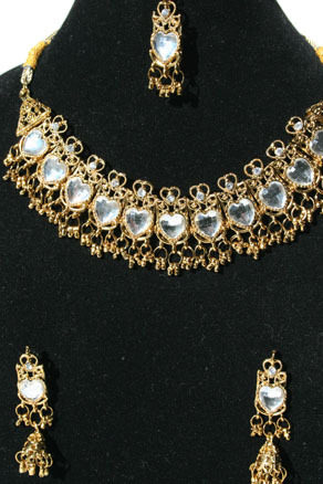 Weiß Herz Gold Bollywood Braut Schmuckset Collier Ohrringe Tika zum Sari