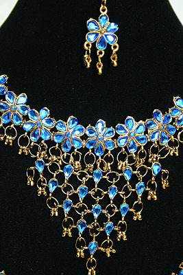 Blau Gold Bollywood Braut Schmuckset Collier Ohrringe Tika zum Sari