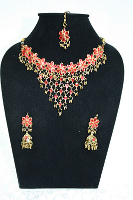Rot Gold Bollywood Braut Schmuckset Collier Ohrringe Tika zum Sari