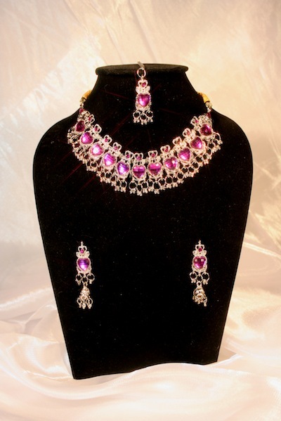 Pink Herz Gold Bollywood Braut Schmuckset Collier Ohrringe Tika zum Sari